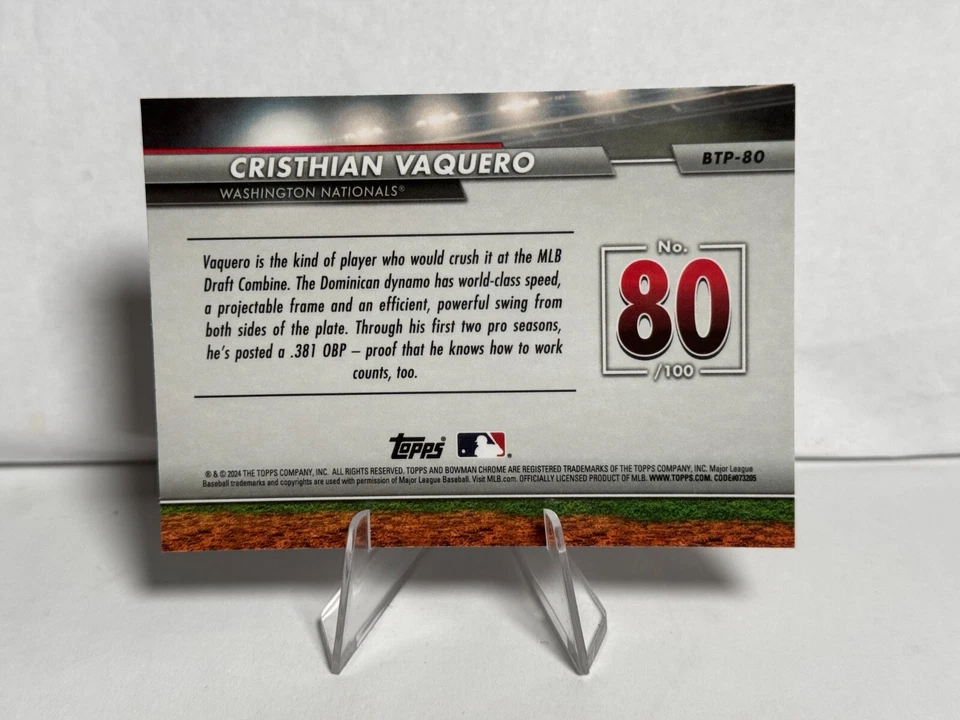 2024 Bowman #BTP-80 Chrome Scouts Top 100 Cristhian Vaquero Washington Nationals - Image 2 of 2