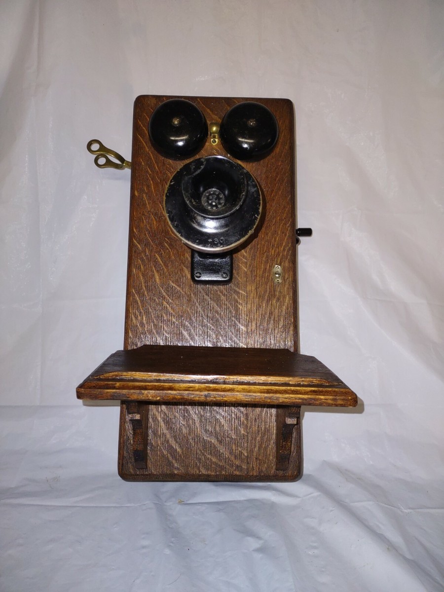Antique Western Electric Oak Wood Hand Crank Phone Wall Mount 