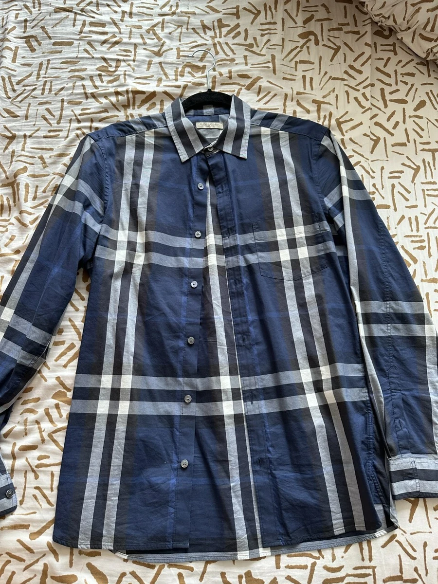 Burberry Check Stretch Cotton Poplin Casual Dress Shirt Navy S eBay