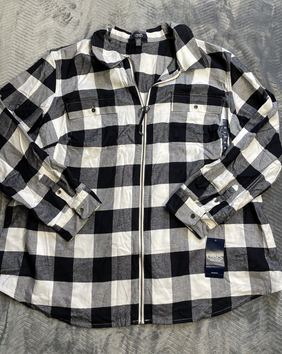 Chaps Shacket 3X Womens NWT Zip Front White Black Plaid Flannel Shirt Jacket
