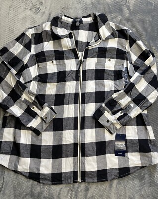 Chaps Shacket 3X Womens NWT Zip Front White Black Plaid Flannel Shirt  Jacket