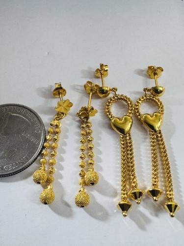 22K 916 Solid FineGold Women’s 2 Set Heart & Dangle Ball Beads Earrings 8.6g - Picture 6 of 21