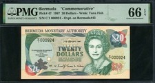 Bermuda 1997 20 Dollars P47 Low S/N 924,PMG 66 EPQ GEM UNC