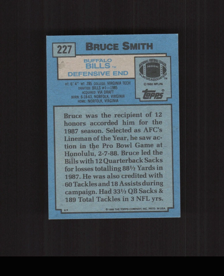 1988 Topps #227 Bruce Smith Football Card Buffalo Bills - Image 2 of 2