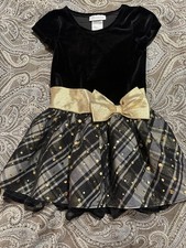 Bonnie Jean Girls Christmas Holiday Black Velvet Drop Waist Bow Plaid Dress 5
