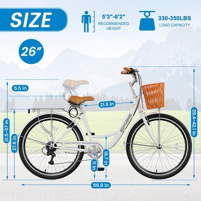 NAIZEA White Bike 26 inch 7 Speed Bike for Adults Beach Cruiser