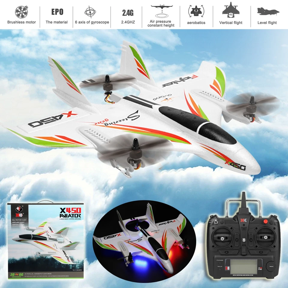 NUEVO 1 Juego WLtoys XK X450 RC Avión Sin Escobillas 2.4G 6CH 3D/6G LED Ala Fija EE. UU. Foto 3 de 4