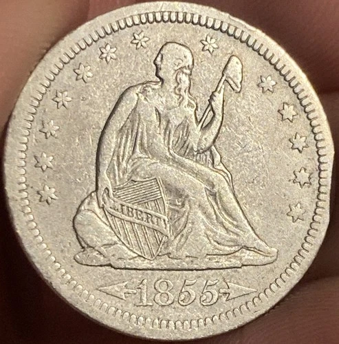 1855 Arrows Seated Liberty Quarter VF Details Cleaned