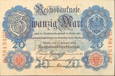 Deutschland Banknote 20 Reichsmark P31a 1908 zirkuliert - gut erhalten