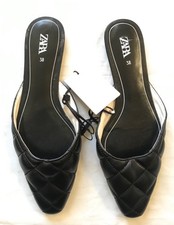 Zara Black Quilted Flat Mule Shoes Ladies Size UK 5