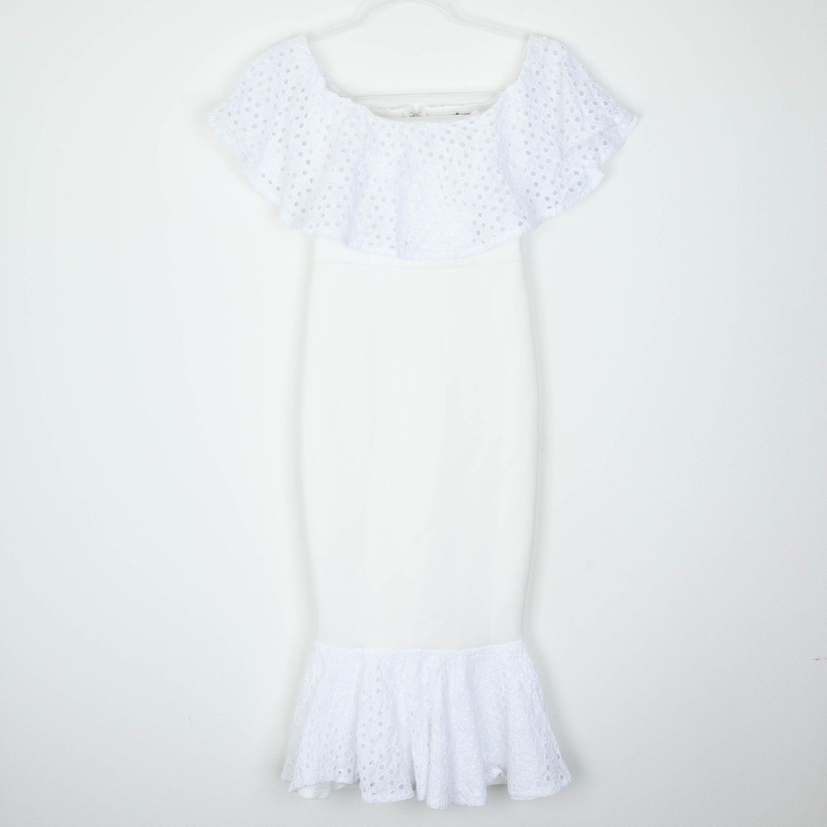 NWT ASOS Womens Eyelet Ruffle Off Shoulder Trumpet Midi Dress Size 0 White  Bride | eBay