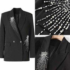 Women's Luxury Black Crystal Suit Long Sleeves for Wedding Evening Dinner Party