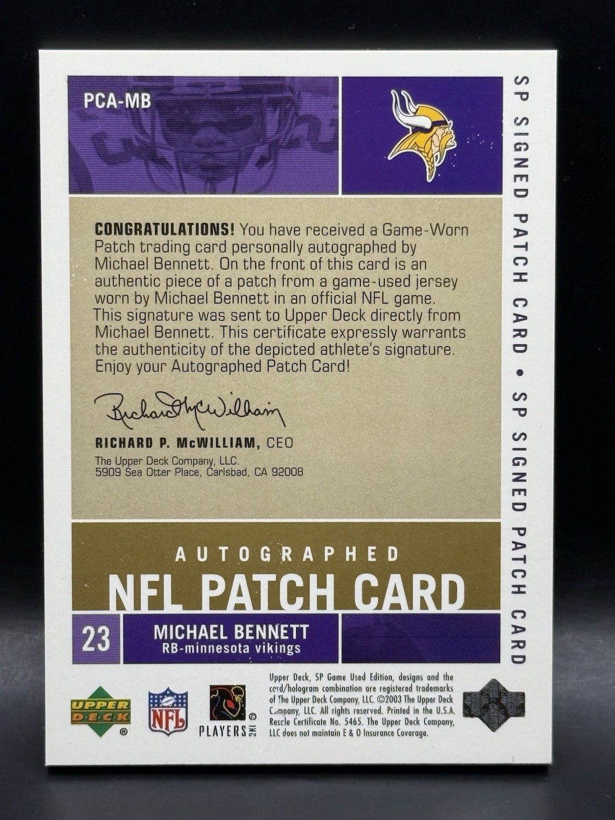 2003 SP Game Used Signed Patch Auto Michael Bennett 20/75 NM Vikings SICK PATCH view 6