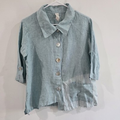Chalet Womens Assymetric Linen Button Up Top Size Small Blue Coastal Euro Summer
