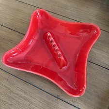 Vintage MCM Atomic Cherry Red Ceramic Square Ashtray 700/ USA Wood Grain Back