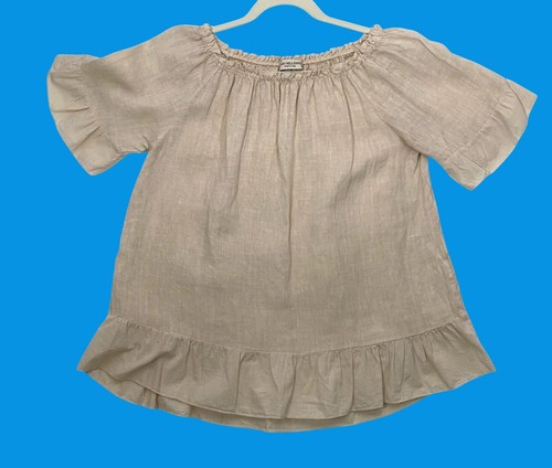 Top túnica para mujer Terzo Millennio beige lino con volantes escote calado volantes - Imagen 4 de 11