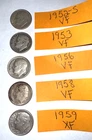 High Grade- 5 Roosevelt Dimes:   1952-S, 1953, 1956, 1958, 1959. lot # 129