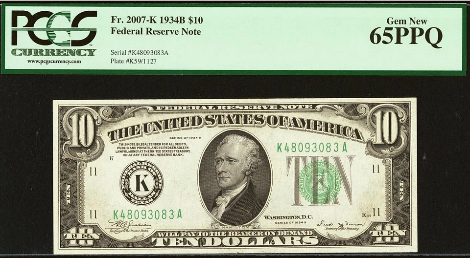 1934B $10 Federal Reserve Note PCGS Gem 65PPQ - Rare Dallas - Fr 2007-K - Image 3 of 4