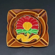Japanese Ceramic Ashtray Flower Brown with Red Yellow Green Mid Century - READ