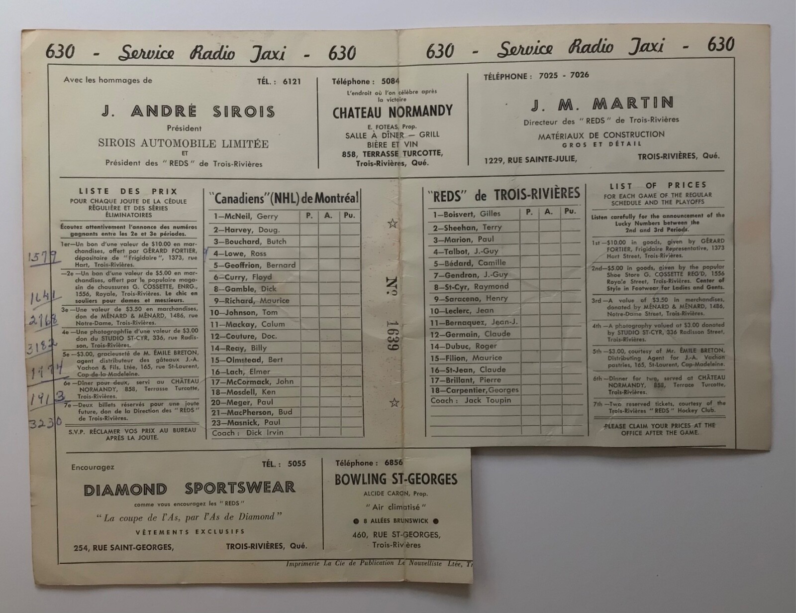 c.195152 Montreal Canadiens TroisRivieres Reds Exhibition Game