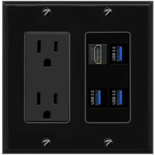 HD 3 USB-3 Port Wall Plate Black w Power Outlet