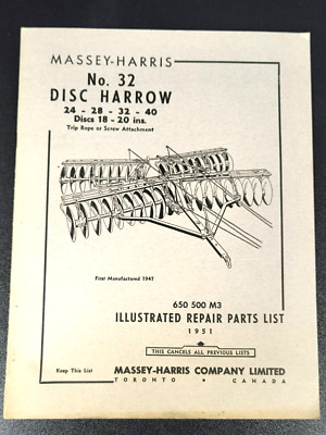 1951 Massey Harris Tractor Co No32 Disc Harrow Repair Parts List Manual