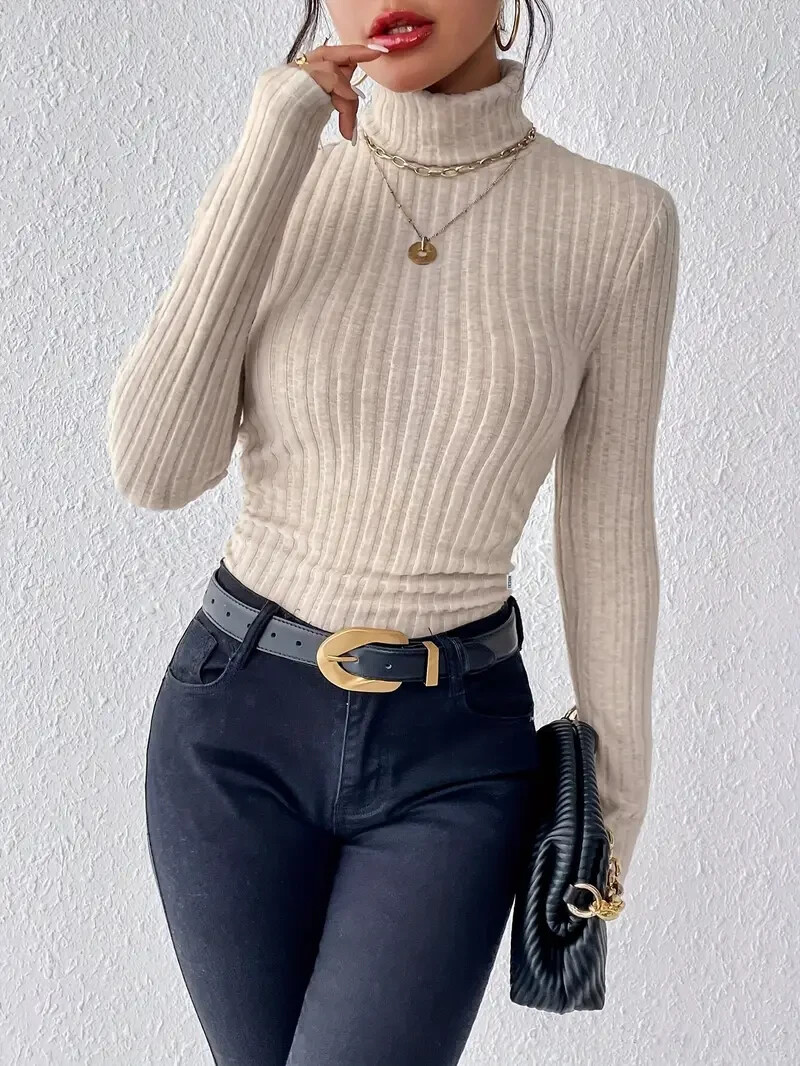 Turtle Neck Slim Sweater, Elegant Solid Color Long Sleeve