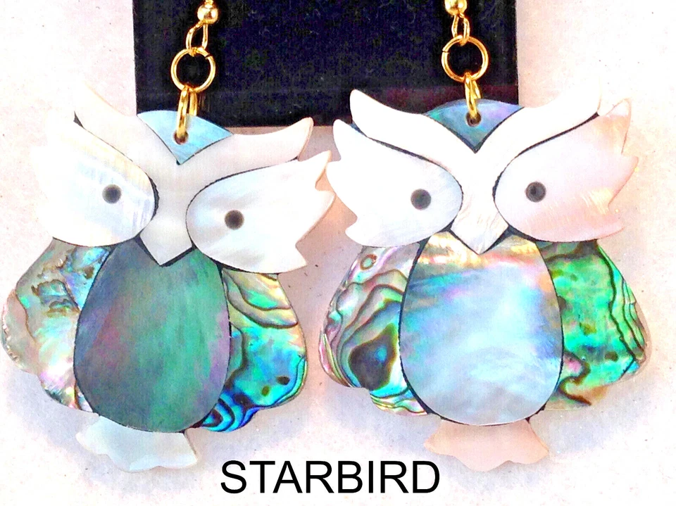 PENDIENTES O COLLAR COLGANTE ABULÓN, MADREPERLA CON INCRUSTACIÓN DE BÚHO Foto 2 de 4