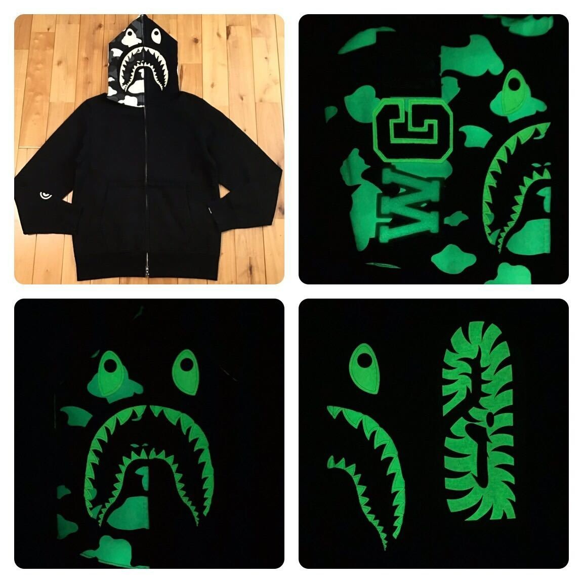 BAPE Glow in the dark City camo shark full zip hoodie Black