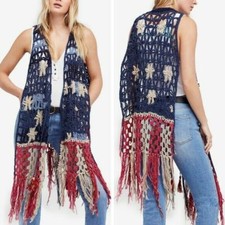 Free People American Dreaming Festival Boho Vest, Blue Red Medium Large Rrp $298