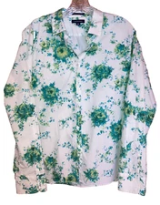 Lands End Top Womens Size 18 Blue Artsy Floral Long Slv Button Up Cottage Blouse