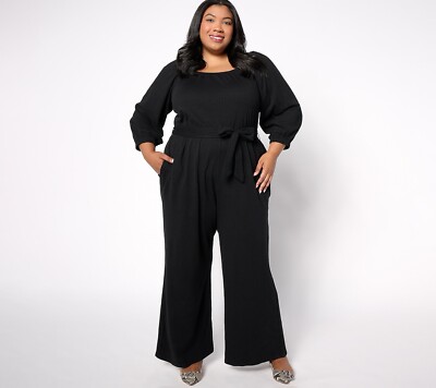 AnyBody Petite Knit 3/4 Sleeve Tie Waist Jumpsuit Black (Sz XSP) A665332  --