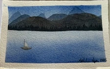 Original small watercolor Mountains and Lake landscape painting miniature art