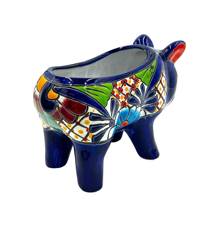 Maceta Mexicana Talavera Piggy Pintada a Mano - Borde Azul Oscuro Foto 4 de 4