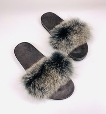 New Womens Fox Fur Slipper fits 5.5-7/35-38 dark Green Gray Ticked 