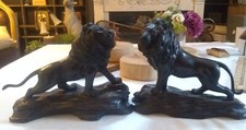Meiji Period 19/20th Century Japanese Meiji Bronze Lions On Chip Carved Bases 