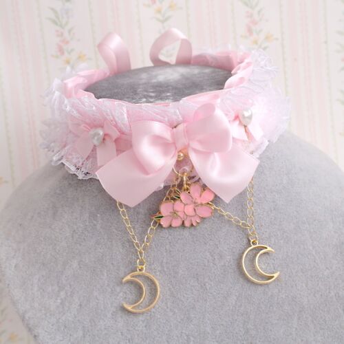 Pink Cherry Blossom Flower Gold Crescent Moon choker necklace Kitten play Collar - Picture 1 of 4