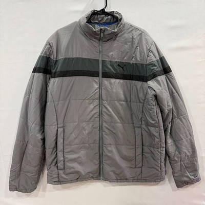 Puma Puffer Jacket Men's Large Gray Striped Warm Sport Lifestyle