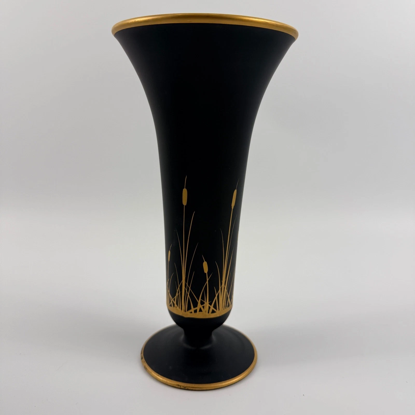 Mid-Century Matte Black Glass Trumpet Vase with Hand-Painted Gold Cattails
Opens in a new window or