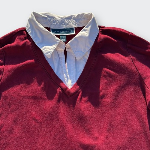 Suéter KAREN SCOTT Mujer Cuello en V Look en Capas Top Algodón Preppy Borgoña Blanco S - Imagen 2 de 8