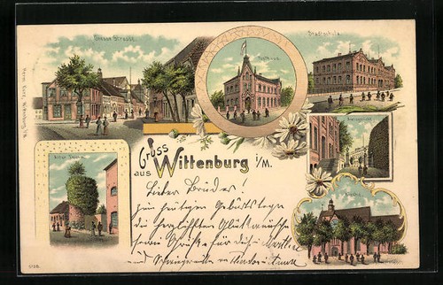 Lithographie Wittenburg i. M., Grosse Strasse, Stadtschule, Amtsgericht 1898