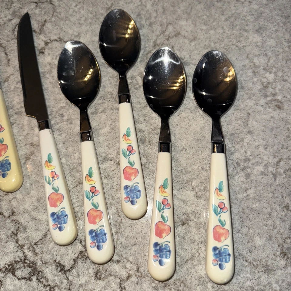 Vintage Lot 12 Pieces Stainless Flatware White Plastic Handle Fruit Design MCM - Image 4 of 4