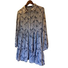 Zara Blue White Paisley Tiered Babydoll Mini Shirt Dress Long Sleeve Large