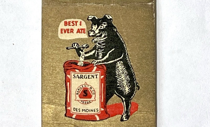 GOWRIE, IOWA 1930'S- E. J. BRUNTLETT, PIG EATING SARGENT FEED
