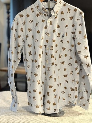 RARE Polo Ralph Lauren Chambray EQUESTRIAN INSPIRED ALL OVER PRINT Oxford Large