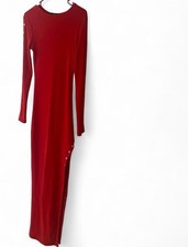 Women’s Red Long Sleeve Fashion Nova Maxi Dress with Gold Button Details.