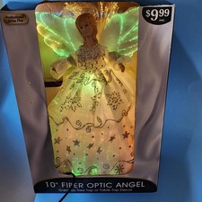 Vintage Fiber Optic Angel Tree Topper 10&rdquo; Light Up White Silve Multicolor w/ Box