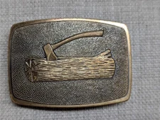 vintage WESTERN belt buckle AXE wood chopping SOLID BRASS boy scouts wilderness