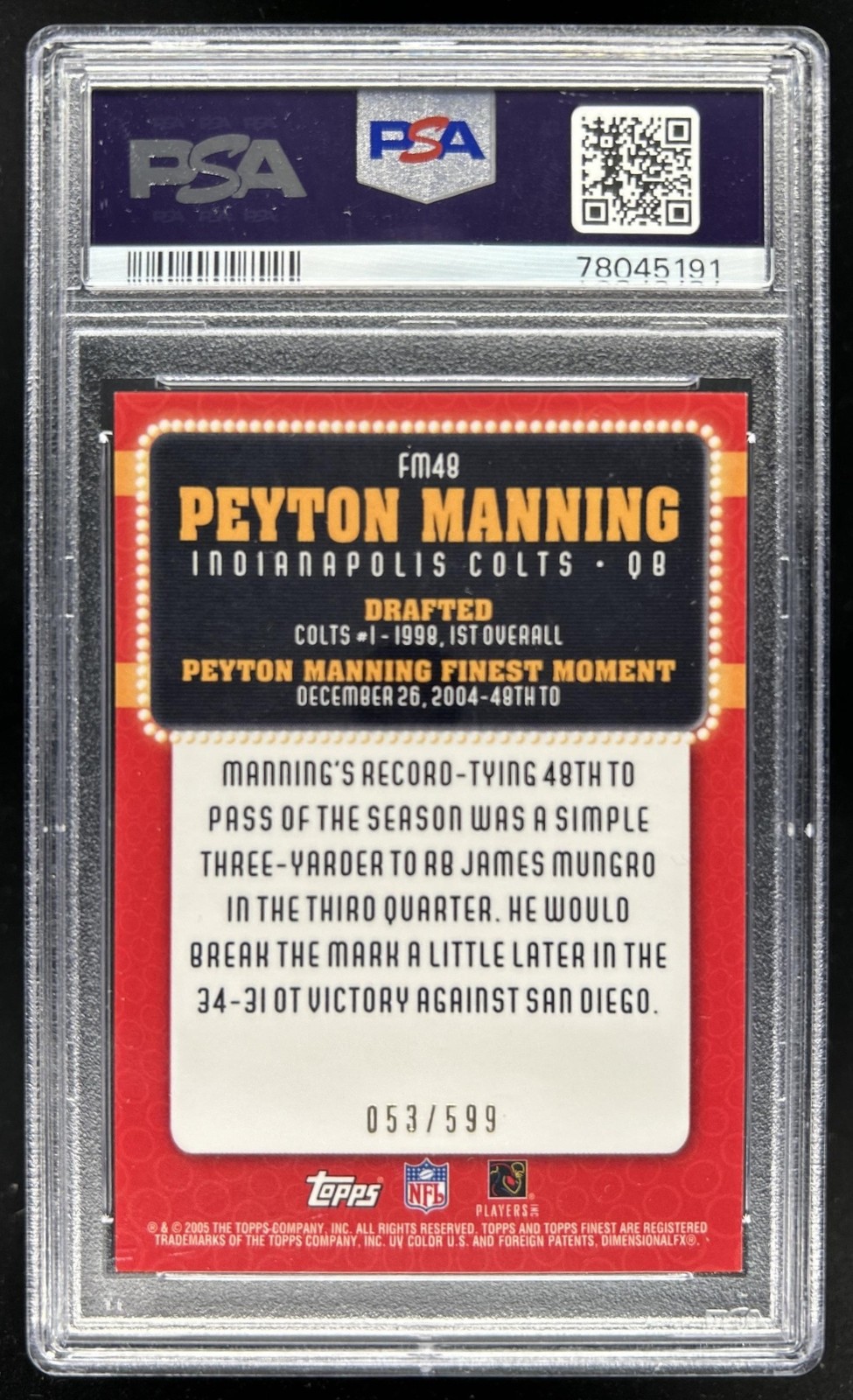 2005 Topps Finest Peyton Manning Moments #/599 Colts PSA 9 view 2