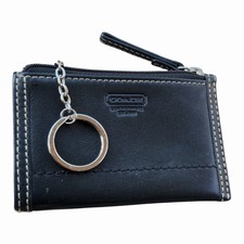 Vintage Coach Zippered Leather Coin Purse White Stitching Keychain Ring Black